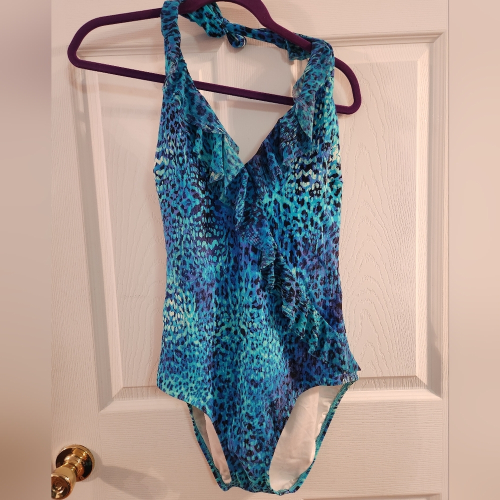 BeCreative, Blue and Green Animal Print Swimsuit, sz 14